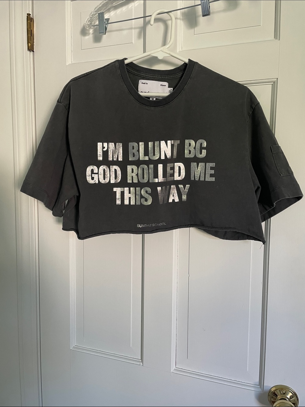 Sundae School Dark Gray Cropped Graphic Tee with Metallic Silver Text